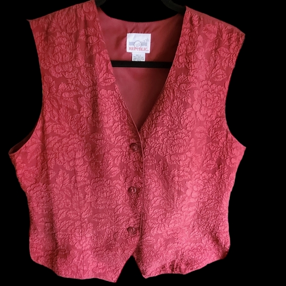 Vintage Red Embossed Victorian Denim Republic Ladies Vest Sz L - Picture 3 of 10